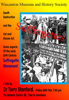 A poster for Dr Terry Stanford's talk on the Suffragette Movement