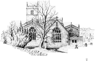 A black and white drawing of the Parish Church of St Peter and St Paul, Wincanton