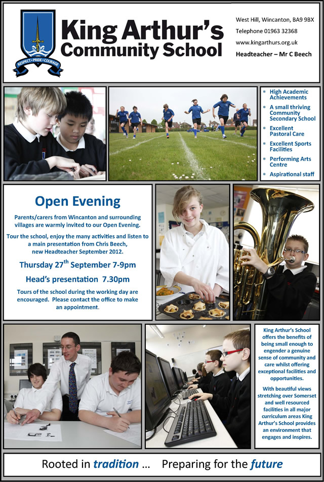 King Arthur's Community School Open Evening 2012 poster