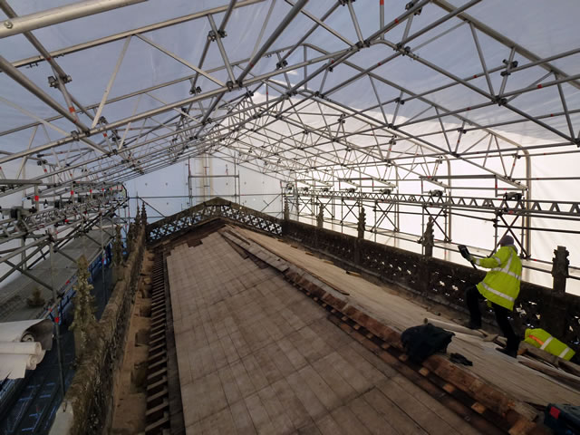 The whole of the Wincanton Parish Church roof under scaffolding