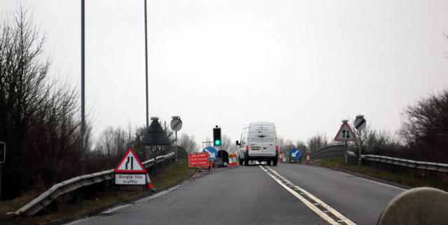 Temporary traffic lights on Wincanton's westbound A303 bridge