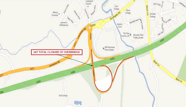 Map of the Wincanton Interchange Bridge closure, westbound