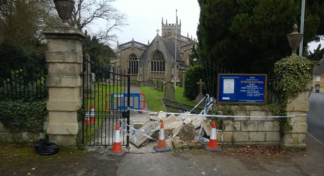 Heavily damaged Wincanton Parish Church gates