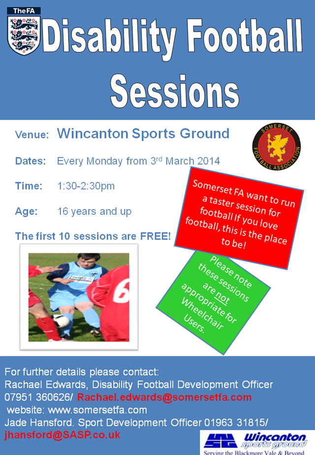 A poster for Disability Football at Wincanton Sports Ground