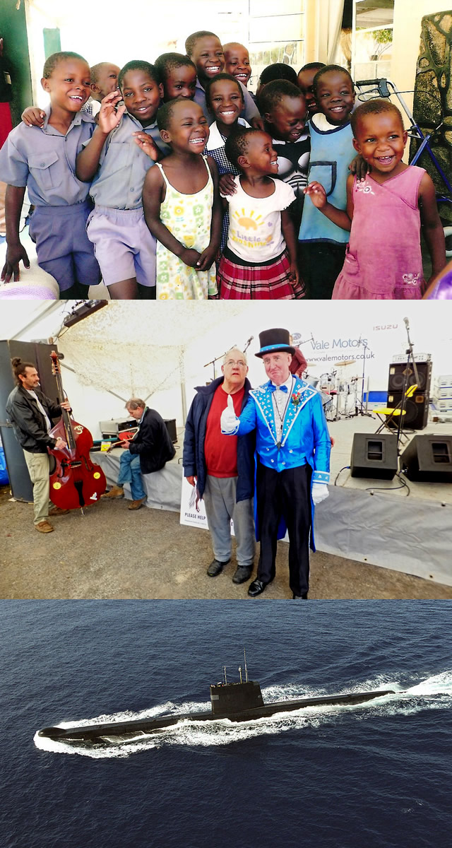 Children from Zimbabwe, a man in a top hat and a submarine