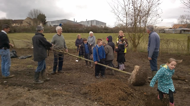 Local school children help plant a tree