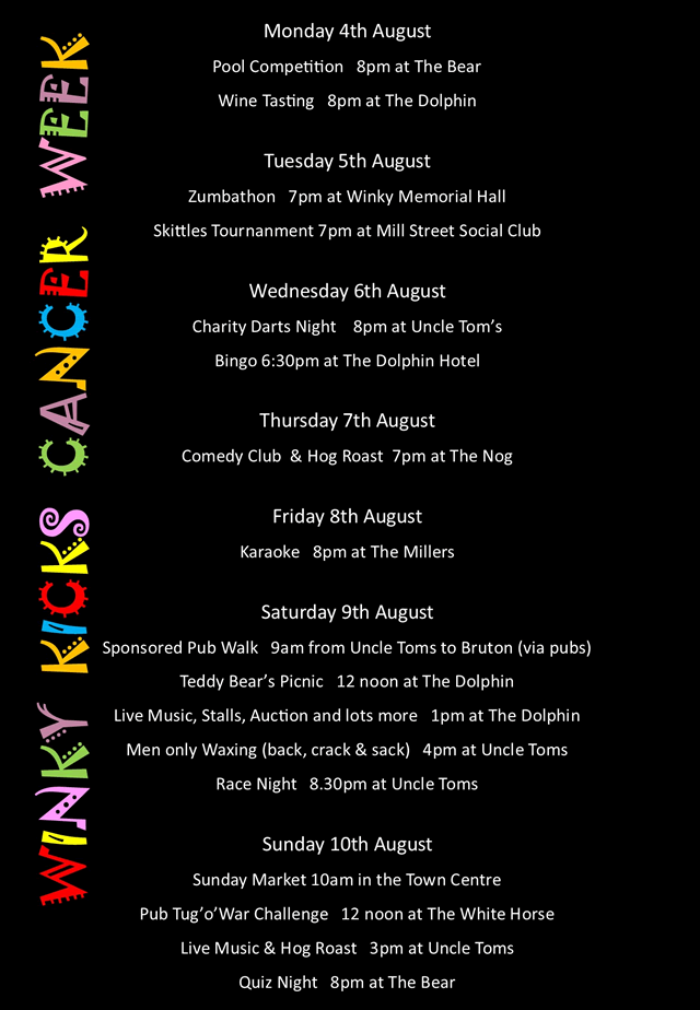 Winky Kicks Cancer week 2014 programme