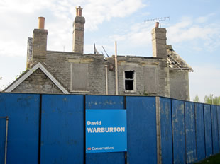 The Conservatives sign near the derelict house down by The Wagtail