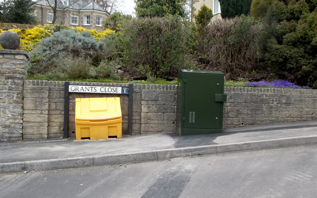 One of the new green telecomms cabinets installed at the bottom of Grants Close, Wincanton