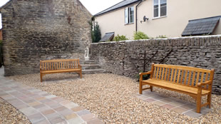 A closer view of the benches at the southern end of the Peace Garden