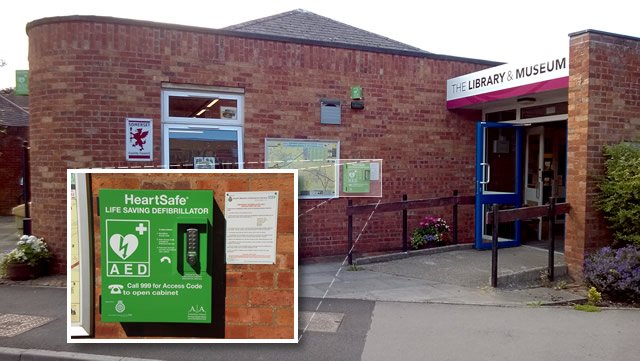 Wincanton's defibrillator, attached to the east-facing wall of the Library building