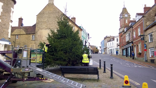 Putting the lights up on the Wincanton Market Place Christmas tree