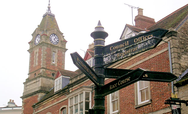 Wincanton's clock tower, and the Market Place signpost