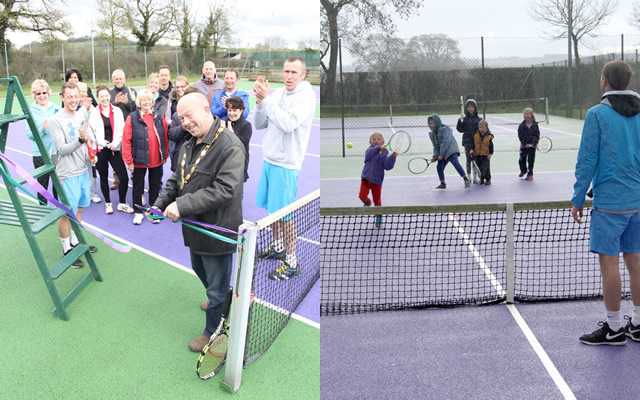 Mayor Howard Ellard openning the newly resurfaced courts at Wincanton Tennis Club open day