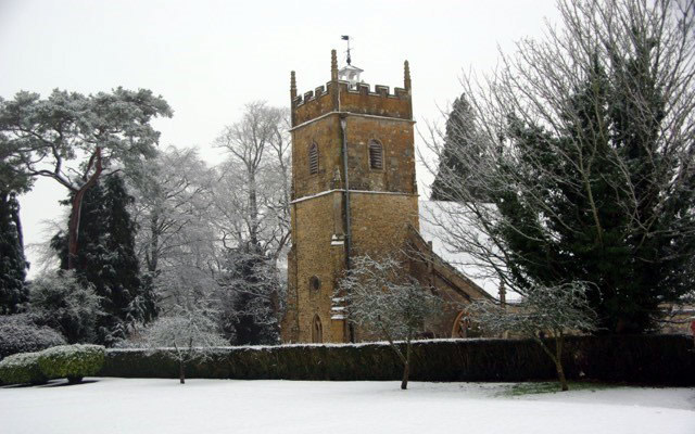 Church of St John the Baptist in Horsington in snow