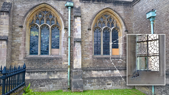 Damaged windows viewed from outside