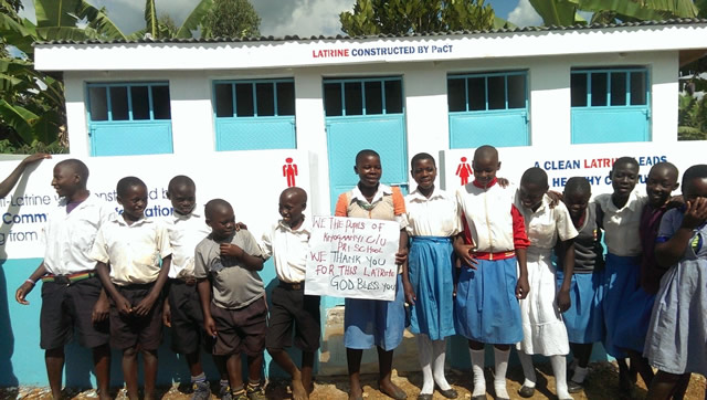 The new latrine built alongside Kiyogaanyi Primary School, Uganda, funded by a Pilgrim Singers charity concert in Wincanton