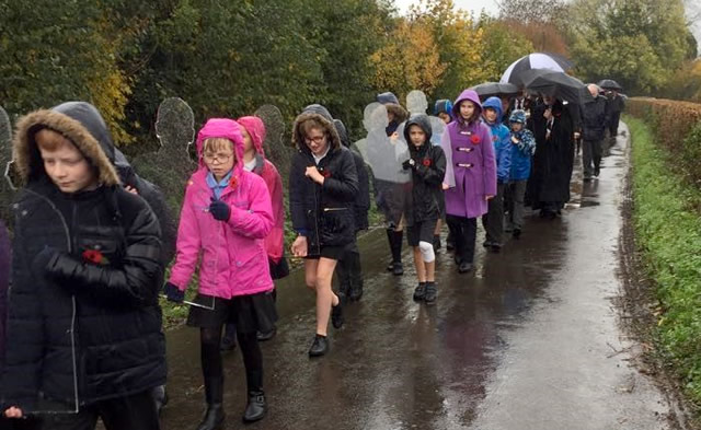 Horsington Church Primary School procession from the War Memorial to St Jonh's Church with WWI silhouettes