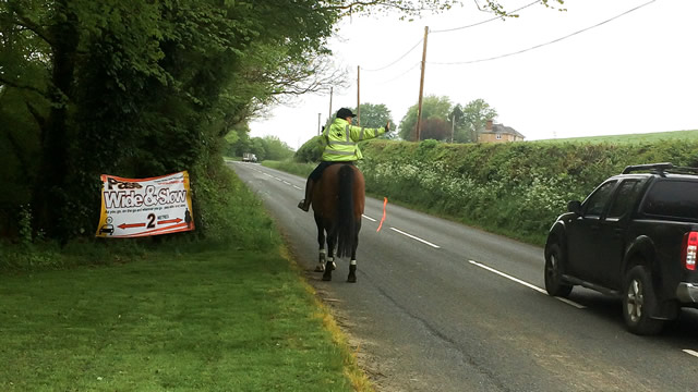 Horse rider road safety banner near Bayford