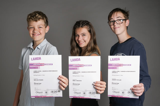 Photo by Trixie Hiscock, Studio H: Wincanton Youth Theatre members, Declan Power, Emily Hiscock and Joseph Taylor, with their LAMDA Grade 2 certificates of distinction