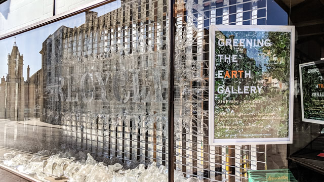 Zac Greening's Recycle window display at his new Greening the Earth exhibition space, in the former Clementina shop