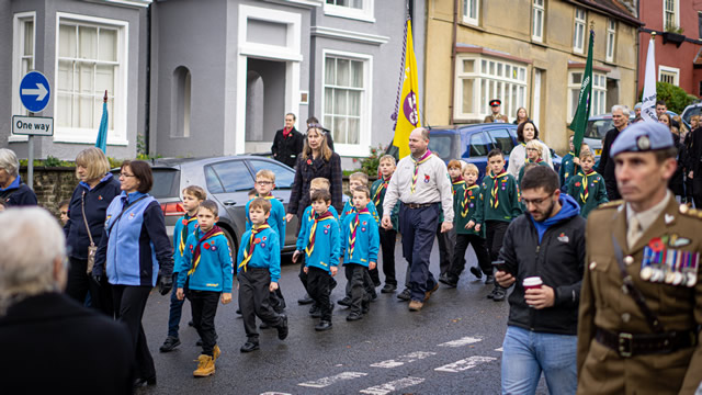 Wincanton Beavers and Scouts marching in the 2019 Remembrance Parade