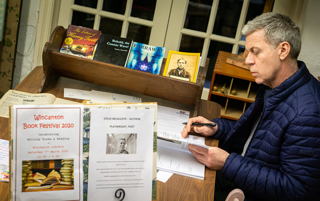 Wincanton author and playwright Steve McAuliffe in his shop, Vintage, during Wincanton Book Festival 2020