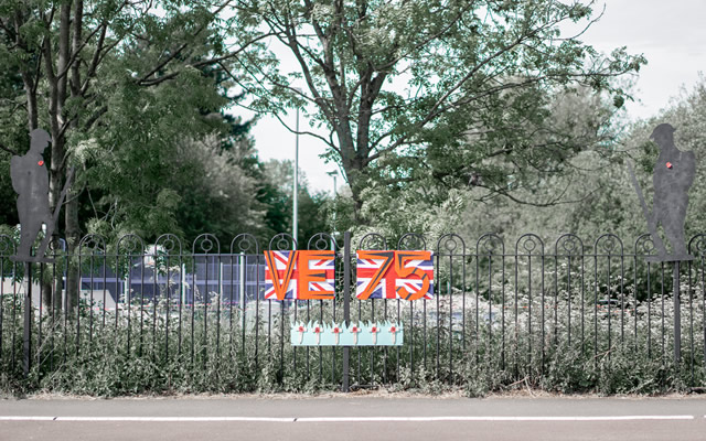 VE Day 75 display on the railings near Wincanton skate park