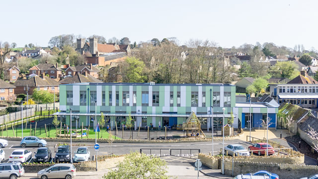 Wincanton Primary School's new building, viewed from the roof of the old Cow & Gate factory opposite.