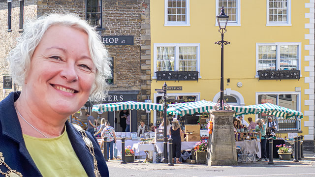 Mayor of Wincanton, Sue Shelbourn-Barrow, in front of Wincanton SEED Market
