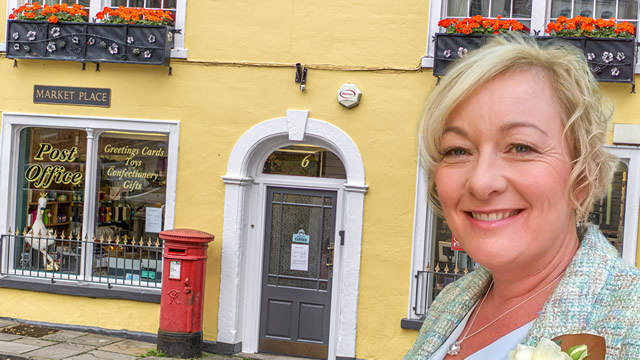 Mayor Sue Shelbourn-Barrow in front of Wincanton Post Office