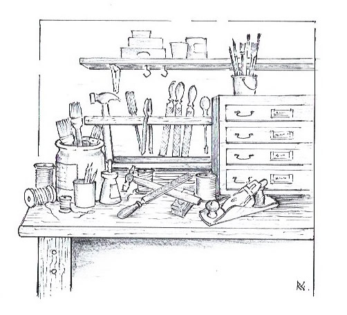 A bespoke sketch of a workbench by artist Robert Glover