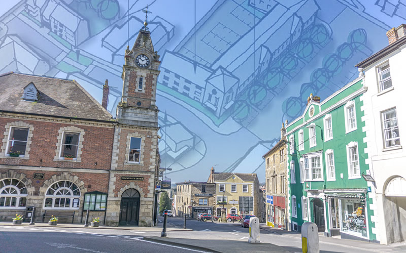 Wincanton Town Hall and Market Place, with a graphic from the Town Centre Strategy document cleverly superimposed on the sky