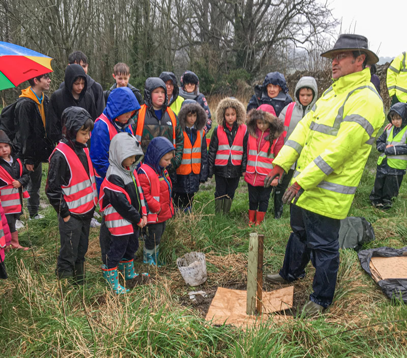 Jonathan Astill, arboricultural consultant, demonstrating the planting of an oak sapling for Wincanton school children